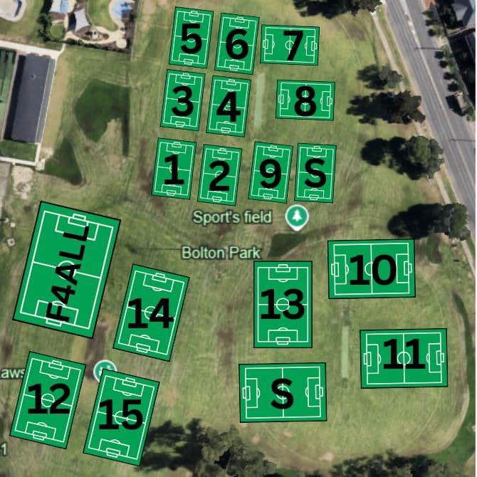 Bolton Park field map showing fields 1-15, F4ALL and Senior field