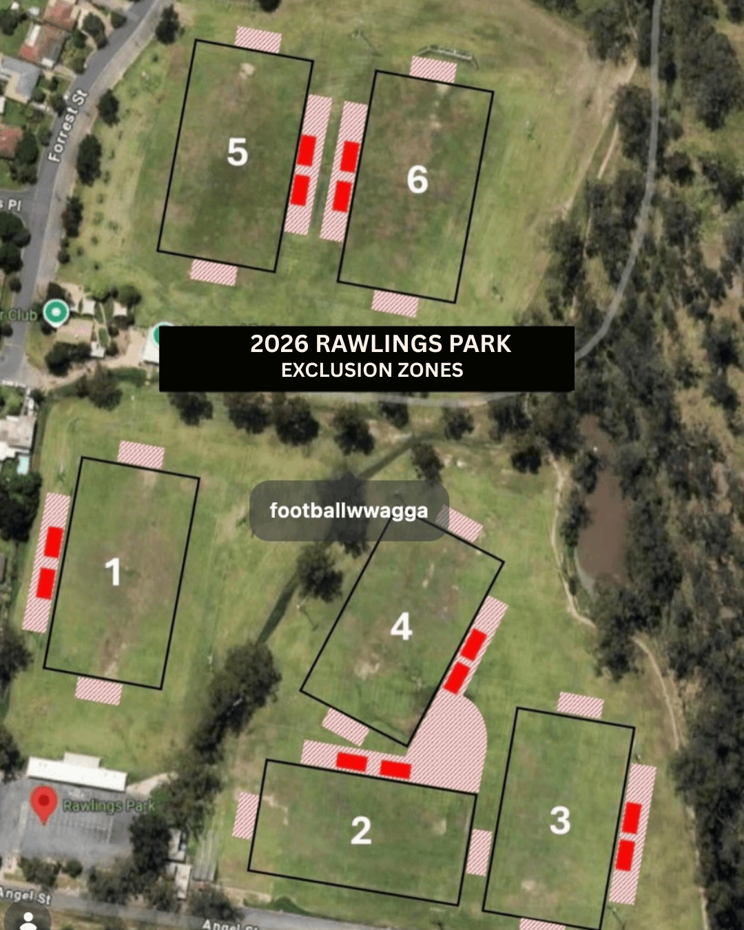 2026 Rawlings Park exclusion zones — fields 1 to 6 with marked exclusion zones and technical areas