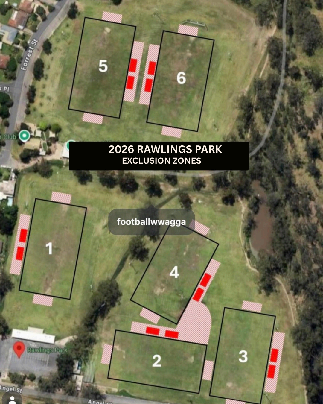 2026 Rawlings Park exclusion zones — fields 1 to 6 with marked exclusion zones and technical areas